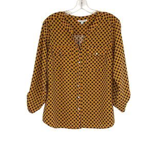 Notations Women's Yellow Polka Dot 3/4 Sleeve V-Neck Blouse Size L